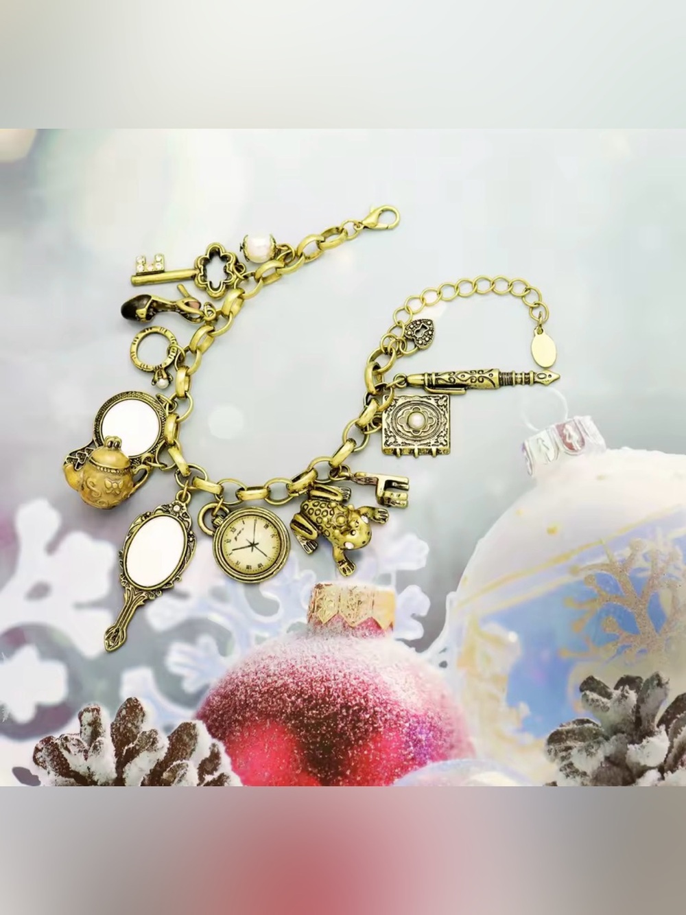 Gold Charm Bracelet with Watch and Tea Set Charms - Picture 5 of 6